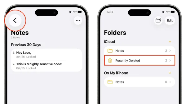 User recovering deleted notes in Notes app on smartphone