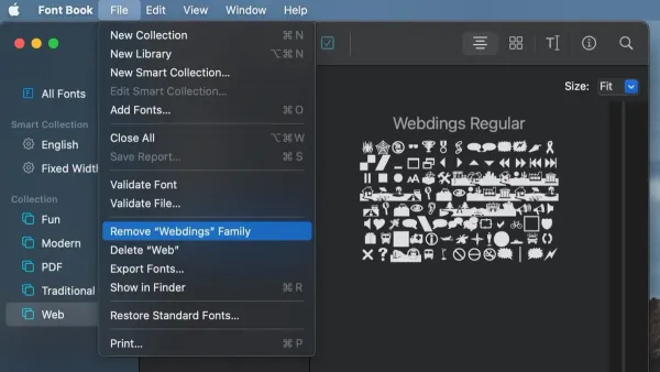MacBook screen displaying Font Book app with duplicate fonts listed