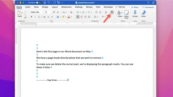How to remove a page break in Microsoft Word on Mac displayed on laptop screen