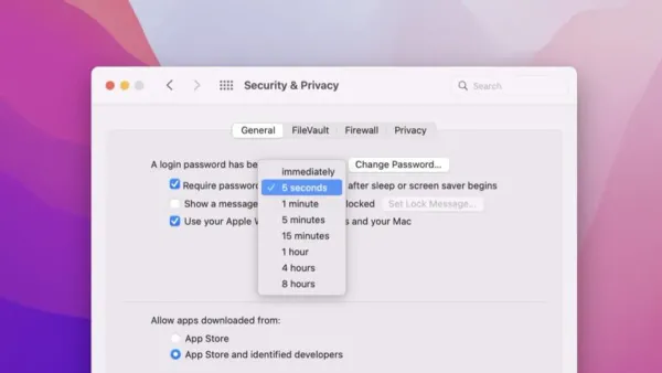 MacBook screen showing security settings on how to require password after sleep on Mac