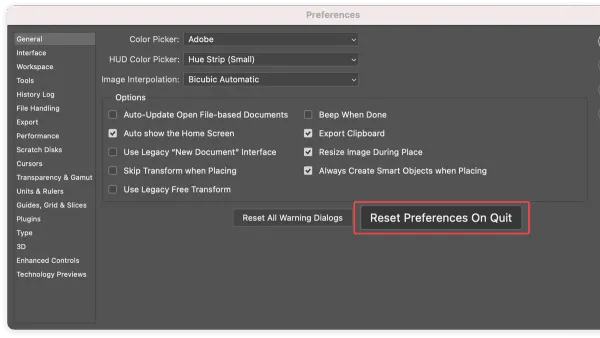How to reset preferences in Photoshop on Mac displayed on a MacBook screen