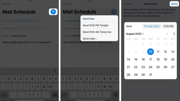User scheduling an email in Mail app on iPhone and laptop