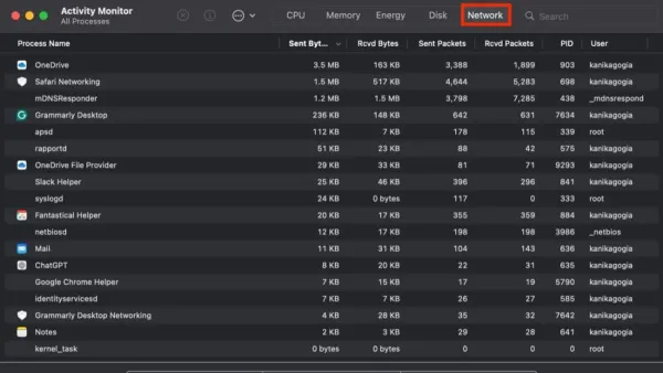 Activity Monitor displaying how to see network usage per app on a Mac screen