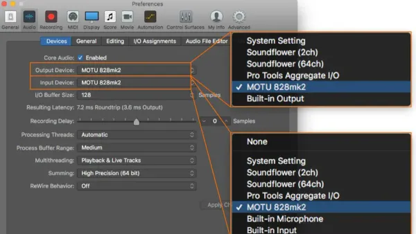Person setting up an audio interface in Logic Pro on a laptop in a home studio