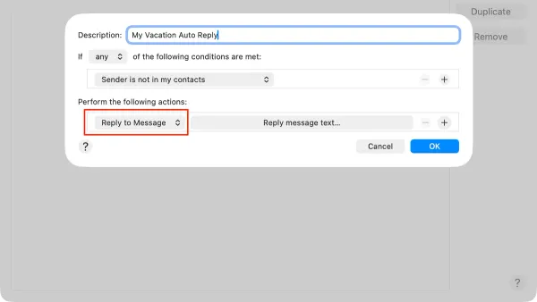 How to set up an auto reply in Mail app shown on laptop screen