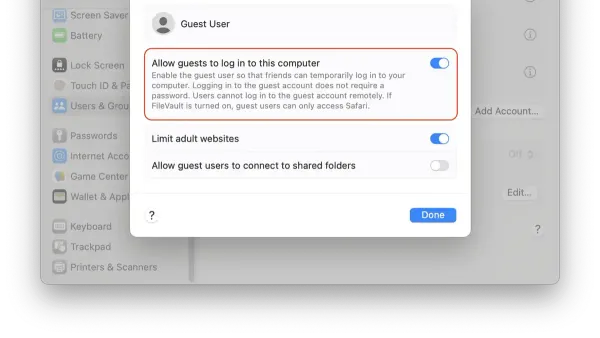 How to set up a guest user on Mac shown on laptop screen