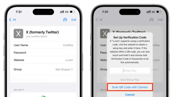 User setting up verification codes in Passwords app on smartphone