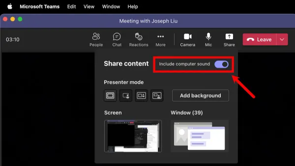 How to share screen with audio in Microsoft Teams on Mac shown on laptop screen