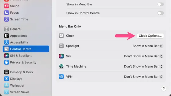 Mac menu bar clock showing seconds enabled on screen