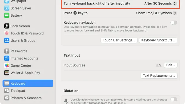 Mac keyboard with backlight turned off automatically on Mac