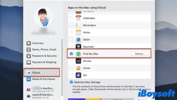 MacBook screen showing how to turn on Find My Mac on Mac settings