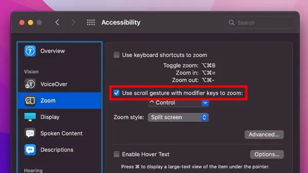MacBook screen showing zoom accessibility feature enabled to enlarge text and images