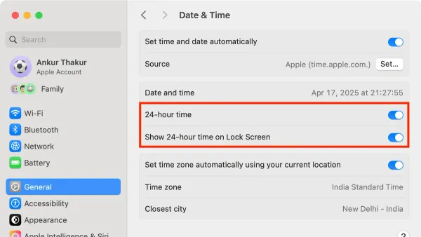MacBook screen displaying 24 hour clock on Mac menu bar with customization options