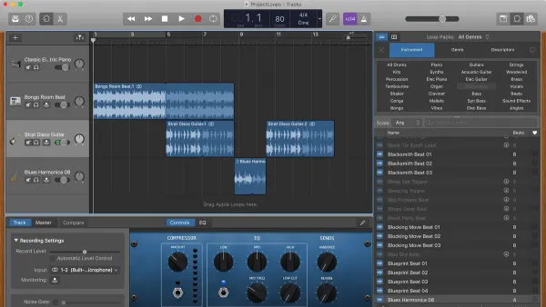User adding Apple Loops in GarageBand on a laptop for music creation