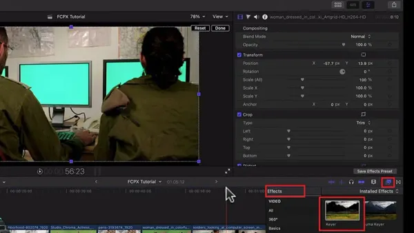 Using the keyer for green screen in Final Cut Pro on a video editing workstation