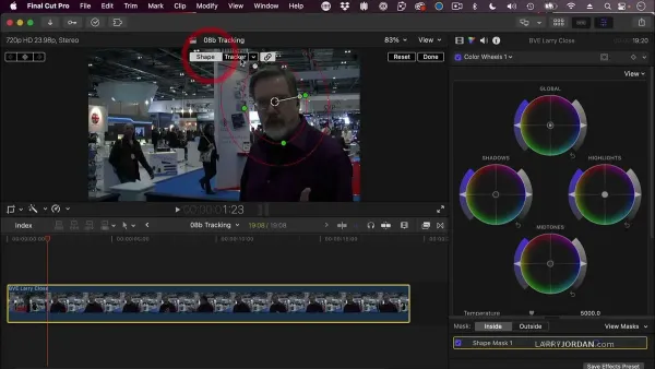 Video editor using Final Cut Pro to apply object tracker on moving footage