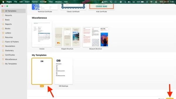 User working on a MacBook using Pages templates in Pages app