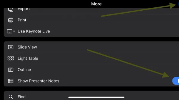 Using presenter notes in Keynote on laptop screen during a presentation