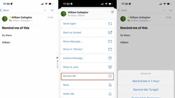 Person setting a reminder for follow ups in Mail app on smartphone