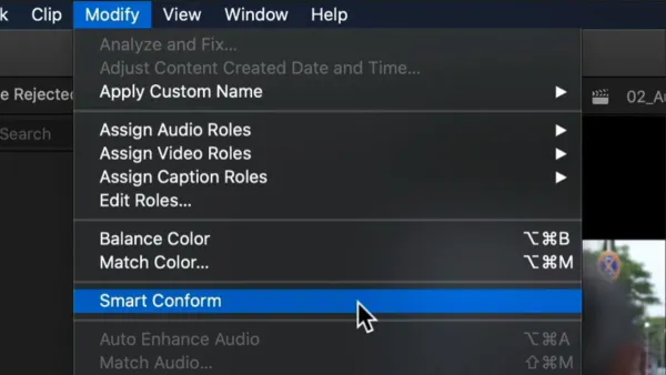 Video editor using Smart Conform in Final Cut Pro to reframe clips automatically