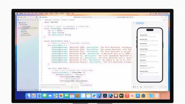 Developer using Swift Assist in Xcode on MacBook to write Swift code efficiently