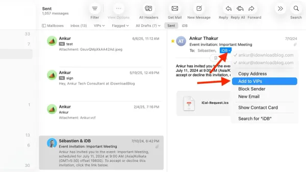 Screen showing how to use VIP senders in Mail app on iPhone